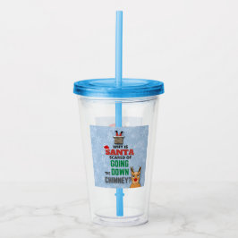 Jultomten skorsten snöflingor lustiga skämt blått take away mugg