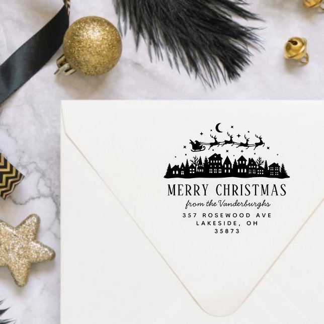 Jultomten Sleigh Reindeer Anpassningsbar Returadre Stämpel (Santa Claus Sleigh Reindeer Custom Return Address Rubber Stamp)