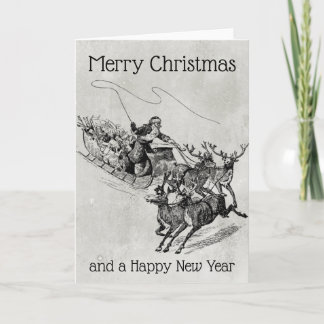 Jultomten Sleigh & Reindeer Old World Monochrome Helgkort