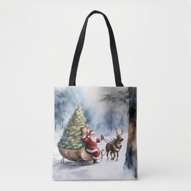 Jultomten Snö Reindeer Sleigh Helgdag Tote Bag Tygkasse (Framsida)