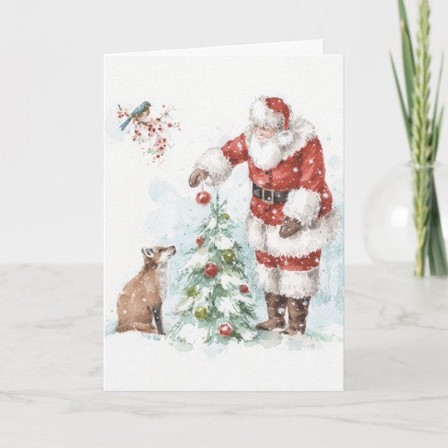 Jultomten som dekorerar ett Träd med sitt trädland Helgkort (Framsida)
