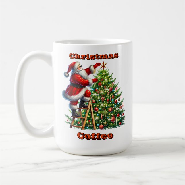 Jultomten som dekorerar Julgran på vinter Kaffemugg (Vänster)