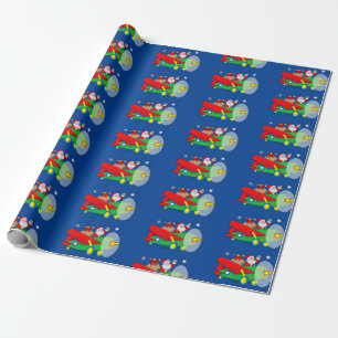 jultomten som flyger ett flygplan fyllt med gåvor presentpapper