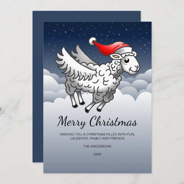 Jultomten som flyger julfår julkort (Fram/baksida)