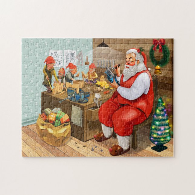 Jultomten som förbereder gåvorna Jigszons pussel (Horisontell)