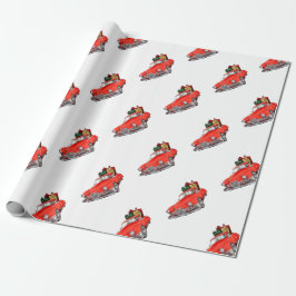 Jultomten som kör en retrobil med giftsb presentpapper