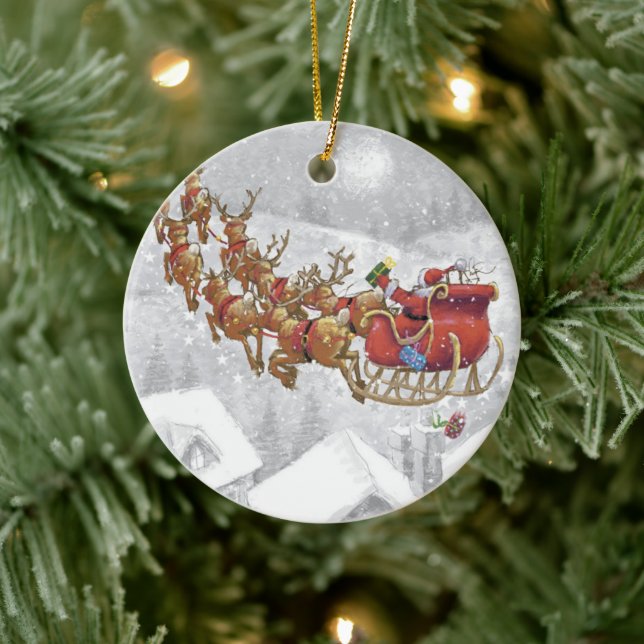 Jultomten som kör på sömn med presentlåda julgransprydnad keramik (Träd)