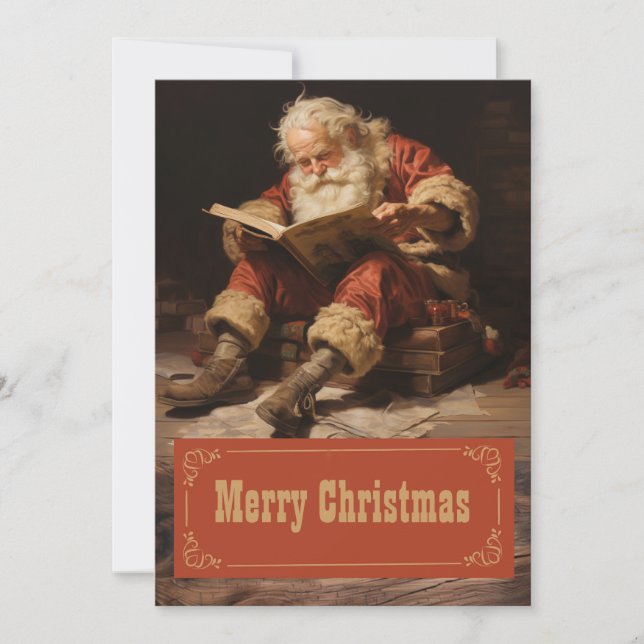Jultomten som läser bok-färgbilder julkort (Framsida)