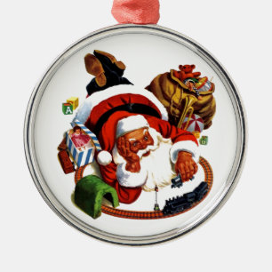 Jultomten som leker med tåg julgransprydnad metall
