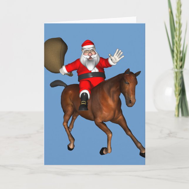 Jultomten som rider en brun häst helgkort (Framsida)