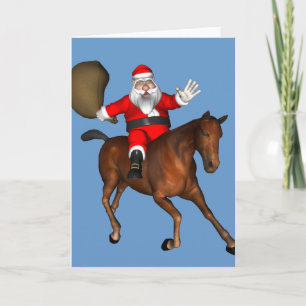 Jultomten som rider en brun häst helgkort
