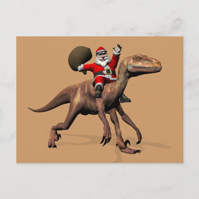 Jultomten som rider på Deinonychus Helg Vykort (Framsida)