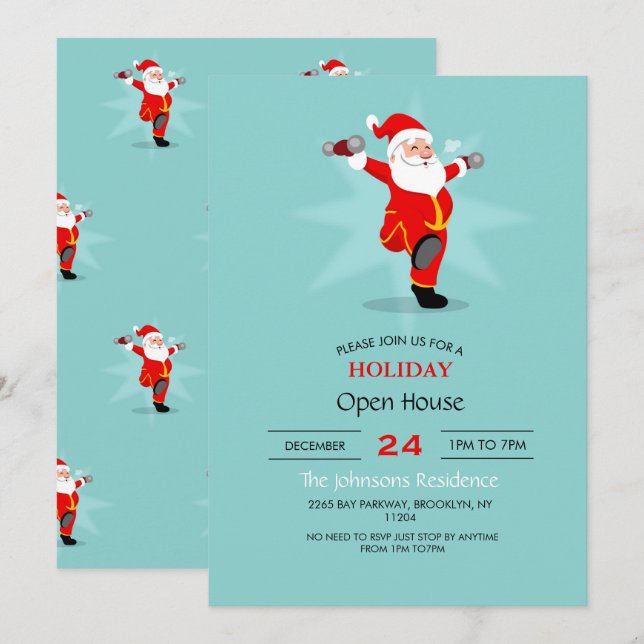 Jultomten som utför träning. inbjudningar (Fram/baksida)