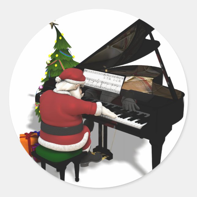 Jultomten Spelande Piano Runt Klistermärke (Framsida)