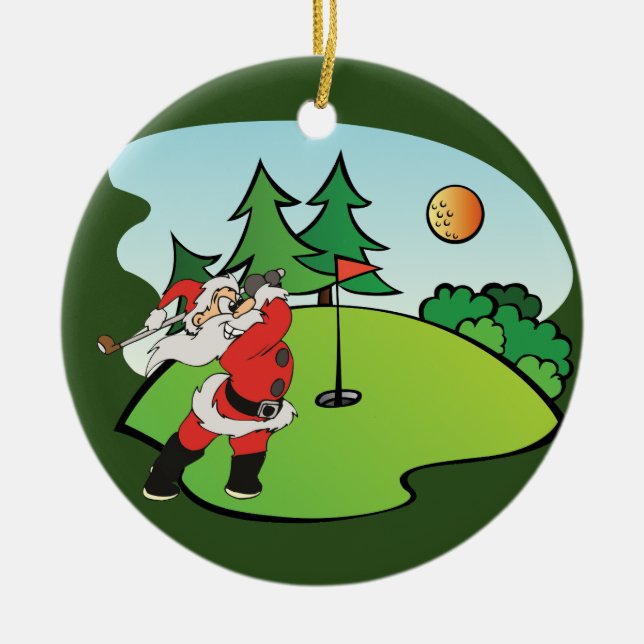 Jultomten spelar golf på 9:e hål julgransprydnad keramik (Framsidan)