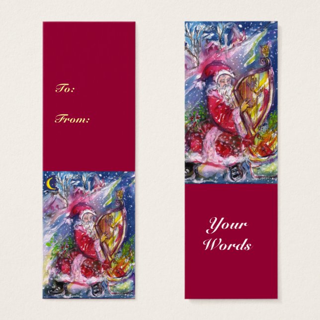 JULTOMTEN SPELAR HARP I MOONLIGHT-Julen Litet Visitkort (Framsida & baksida)