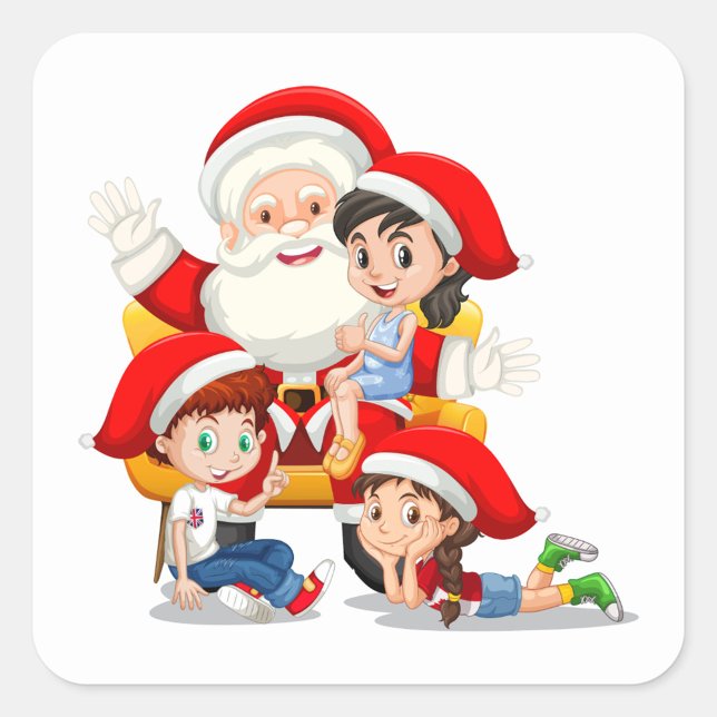 Jultomten Sticker Fyrkantigt Klistermärke (Illustration of Santa Claus sitting on a yellow chair with three children wearing Santa hats.)