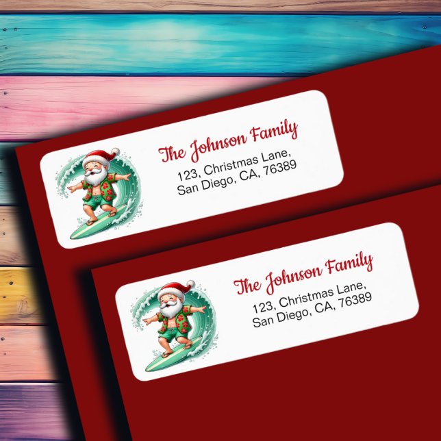 Jultomten Surfing Return Address Label Returadress Etikett (Skapare uppladdad)
