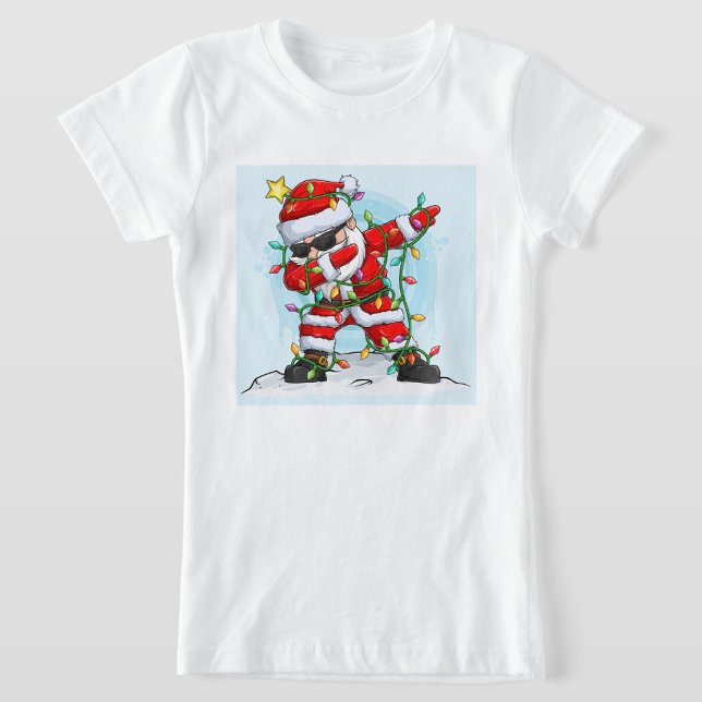 Jultomten T-Shirt (A playful Santa character in a festive outfit, tangled in colorful Christmas lights. )