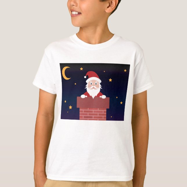 Jultomten tecknad leende gåva ner skorsten t shirt (Framsida)