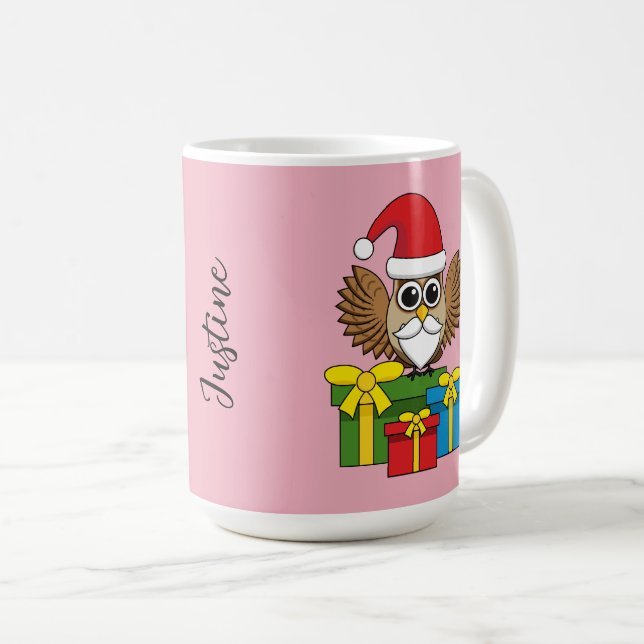 Jultomten Uggla med Presenter | Lägg till Namn Kaffemugg (Framsida höger)