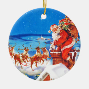 Jultomten upp på rooftopen i snön julgransprydnad keramik