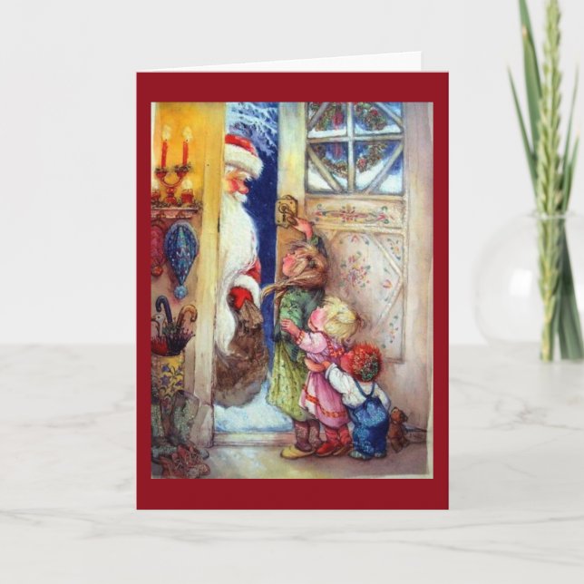 Jultomten vid dörren helgkort (Framsida)
