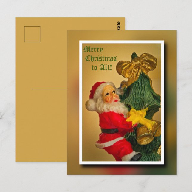 Jultomten vid Julgran-Vintagen Vykort (Fram/baksida)