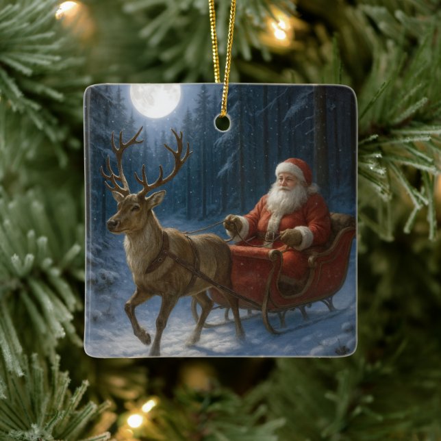 Jultomten vid körning av tunga i måndagsljus julgransprydnad keramik (Träd)