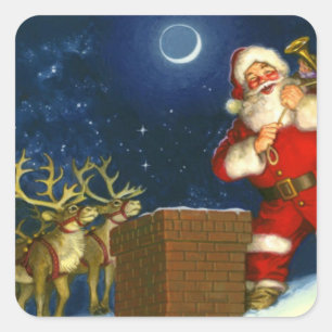 Jultomten vid tak fyrkantigt klistermärke