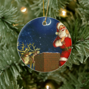 Jultomten vid tak julgransprydnad keramik