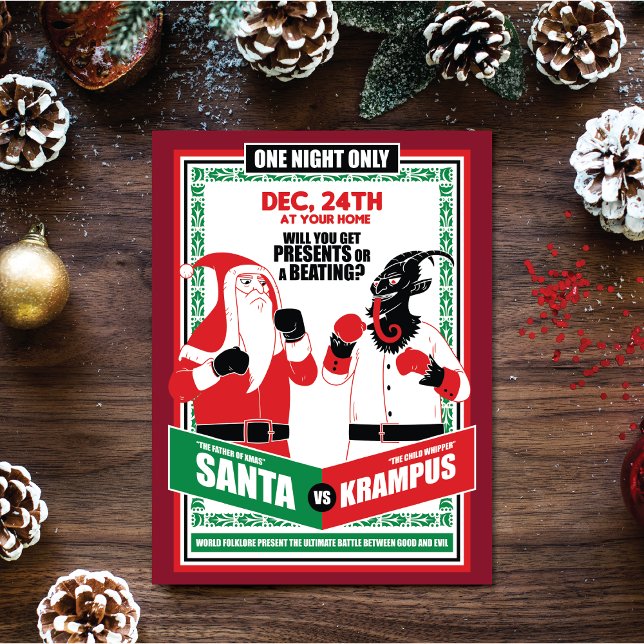 Jultomten vs. Krampus Boxing Match Bra mot Evil Helg Vykort (Add some humor to Christmas with this Santa Claus vs. Krampus Boxing Match Good vs. Evil postcard.)