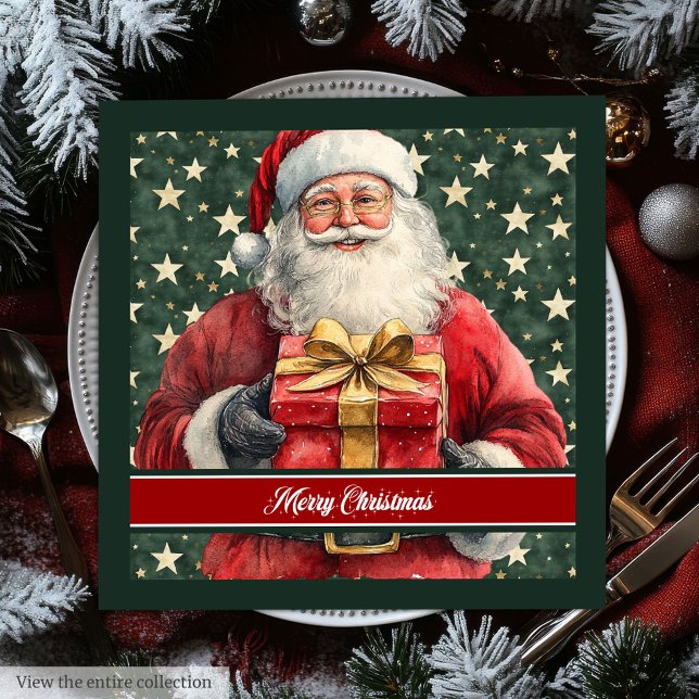 Jultomten Watercolor Helgdag Dinner Napkins Pappersservett (Santa Claus Watercolor Holiday Dinner Napkins)