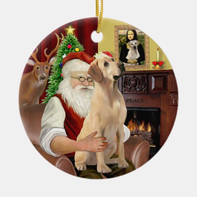 Jultomtens gula labrador julgransprydnad keramik (Framsidan)