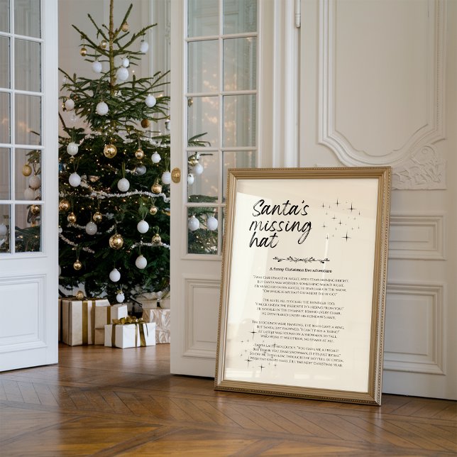 Jultomtes Saknade Hatt Rolig Julutskrift Poster (Against the wall, there is a framed funny Christmas print titled “Santa's missing hat")