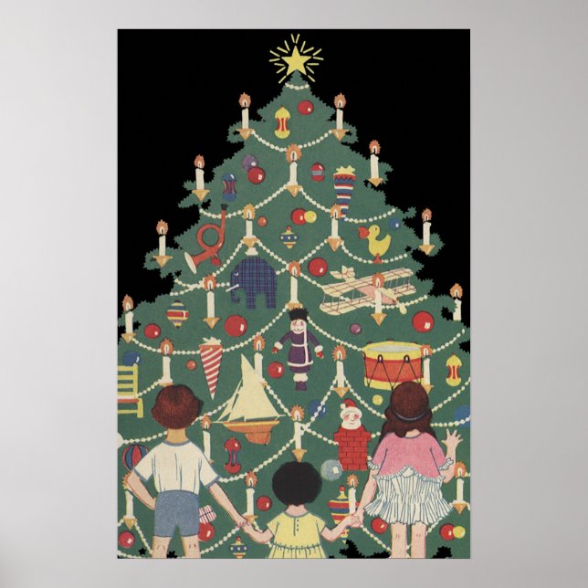Jultradition Barn Runt En Dekorerad Julgran Poster (Framsidan)