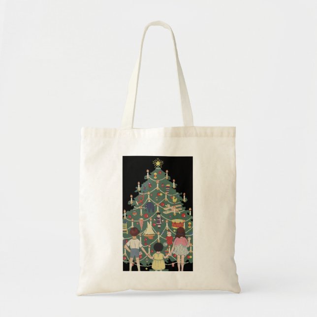 Jultradition Barn Runt En Dekorerad Julgran Tygkasse (Framsidan)