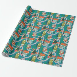 Julträdland Cute Animals Teal Presentpapper