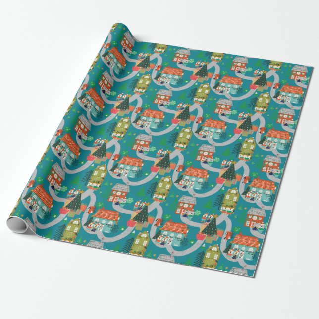Julträdland Cute Animals Teal Presentpapper (Utrullad)