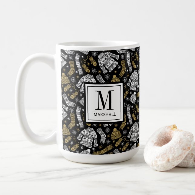 Jultröja Handskar Snöflingor Monogram Namn Kaffemugg (Med munk)
