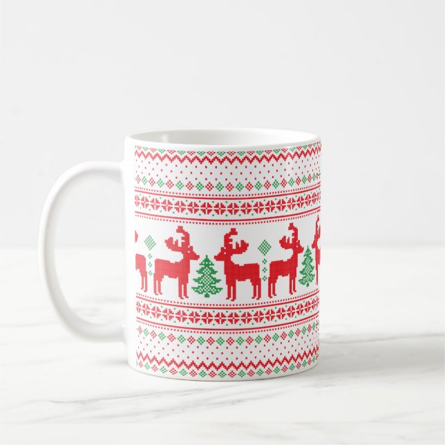 Jultröja Ren Xmas Träd Stickad Mönster Kaffemugg (Vänster)
