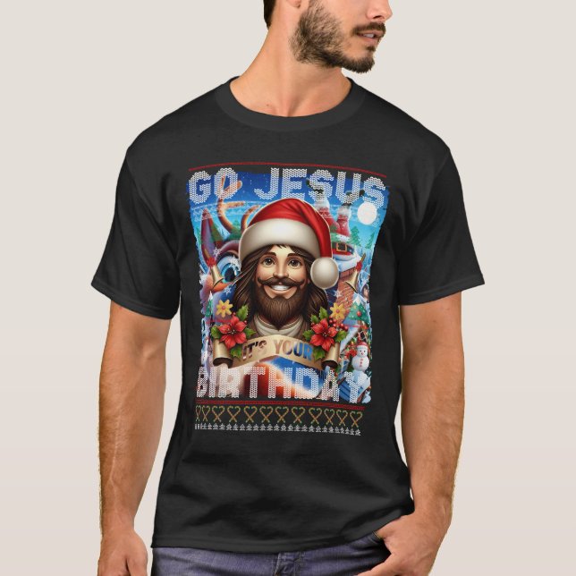 Jultröja stickning religiös Jesus födelsedag T Shirt (Framsida)