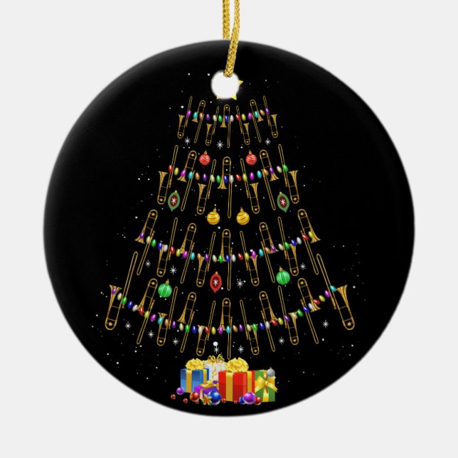 Jultrombone Player presenterar Julafton Träd Julgransprydnad Keramik (Framsidan)