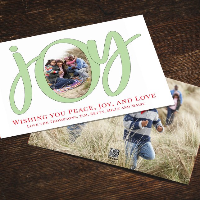 Jultur Joy Typography Simple Two Photo Julkort (Christmas holiday "Joy" typography cute calligraphy script photo card. )