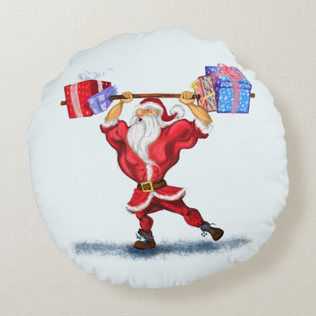 Jultur Pillow Bodybyggder Santa med Gift Rund Kudde (Baksidan)