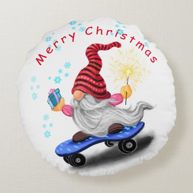 Jultur Pillow Gnome med Skateboard Rund Kudde (Baksidan)