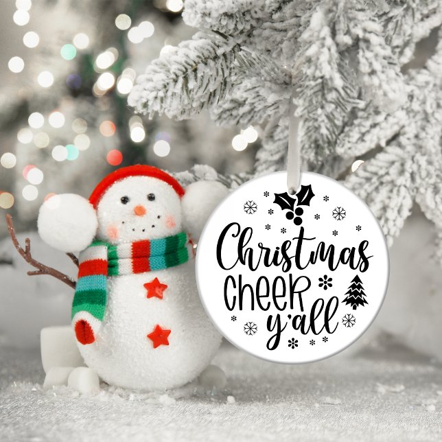 Julturen Cheer y'all Julgransprydnad Keramik (Christmas Cheerr Y'all Christmas ornament with a Sante next to)