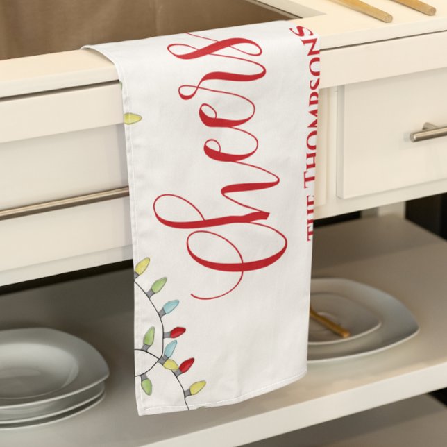 Julturen Cheers Colorful String Ljus Kökshandduk (Cheers Christmas holiday string lights kitchen towel. )