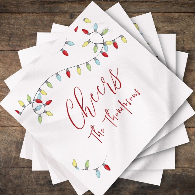 Julturen Cheers Colorful String Ljus Pappersservett (Cheers, Cute Christmas Holiday Lights Calligraphy Script.)