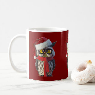 Juluggla iklädd jultomtedräkt och röd halsduk kaffemugg